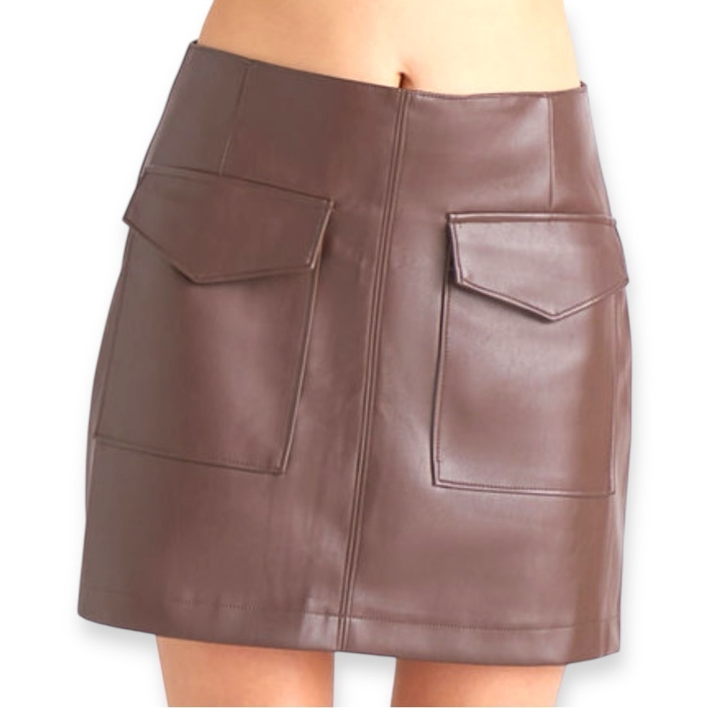 Dex 1X Butter Soft Chocolate Brown Faux Leather Mini Skirt with Pockets